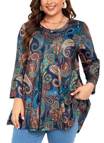 Women's Plus Size Navy Paisley Print Tunic Top | 3/4 Sleeve Swing Blouse with Pockets, Hi-Low Hem, Wear with Leggings – S to 6XL