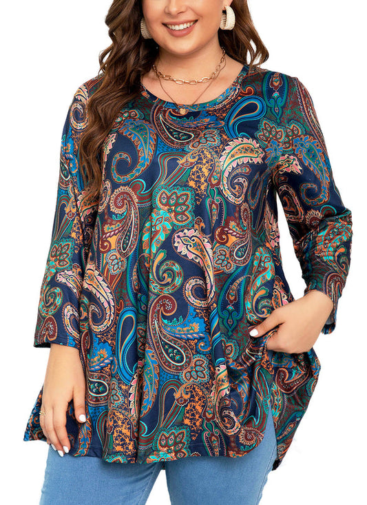 Women's Plus Size Navy Paisley Print Tunic Top | 3/4 Sleeve Swing Blouse with Pockets, Hi-Low Hem, Wear with Leggings – S to 6XL