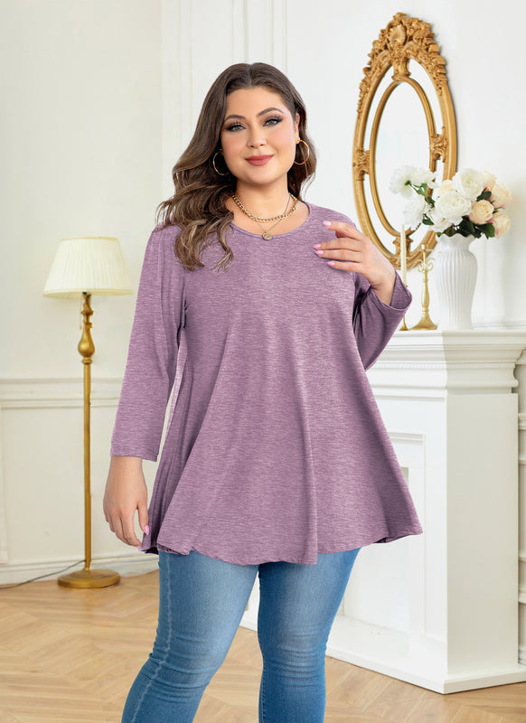 Women's Plus Size Purple Tunic Top – 3/4 Sleeve Solid Swing Flare Blouse