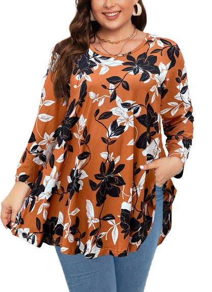 Women's Plus Size Burnt Orange Floral Tunic Top – 3/4 Sleeve Swing Flare Blouse