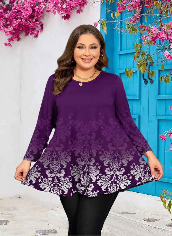 Women's Plus-Size Purple Floral Peplum Top – 3/4 Sleeve Flared Hem