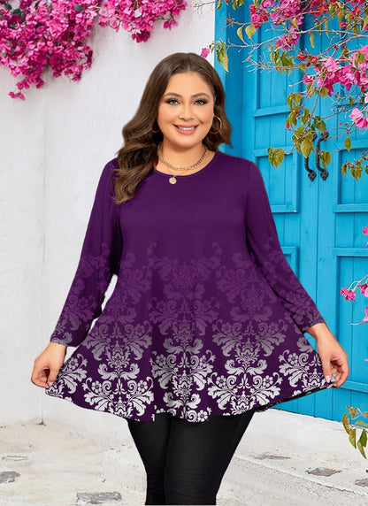 Women's Plus-Size Purple Floral Peplum Top – 3/4 Sleeve Flared Hem