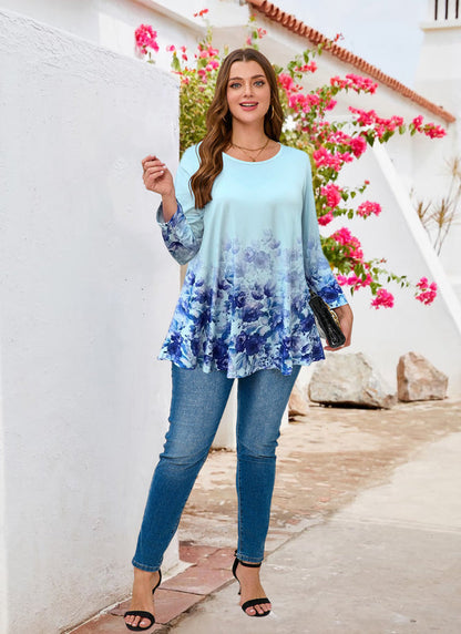 Women's Plus Size Blue Floral Ombre Tunic Top – 3/4 Sleeve Swing Flare Blouse