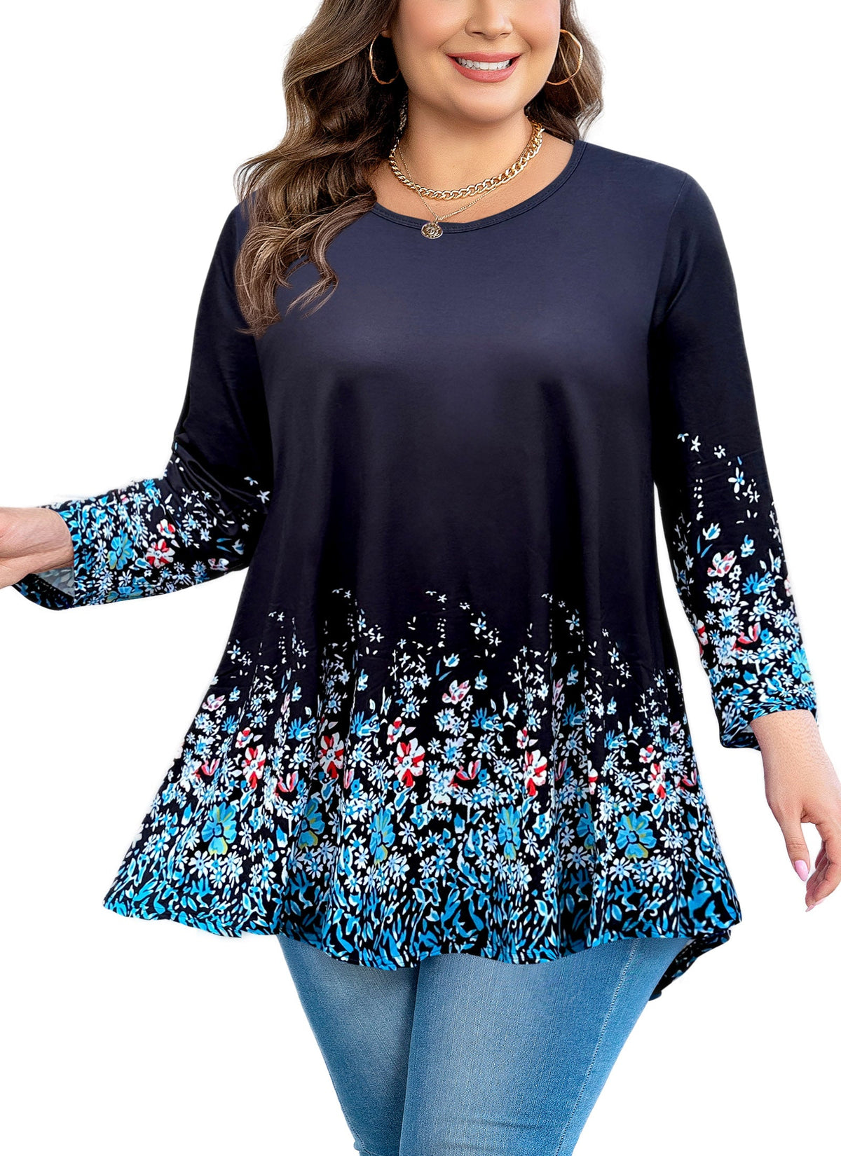 Women's Plus Size Black & Blue Floral Tunic Top – 3/4 Sleeve Swing Flare Blouse