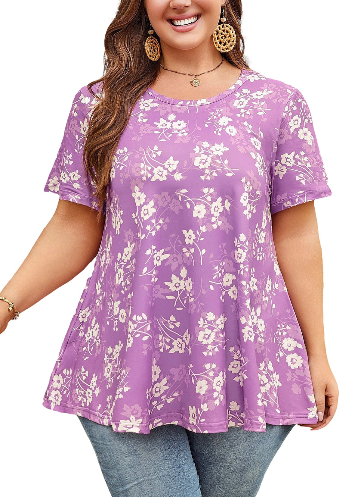 Women's Plus Size Purple & White Tunic Top – Short Sleeve Swing Blouse