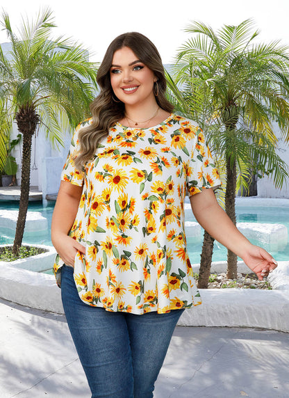 White Sunflower Print Tunic Top – Women's Plus Size Short Sleeve Swing Blouse to Wear with Leggings (S–7XL)