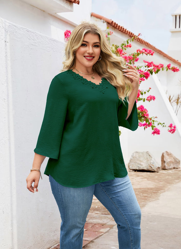 Women's Plus Size Floral Trim Tunic Top | 3/4 Sleeve V-Neck Blouse – Green