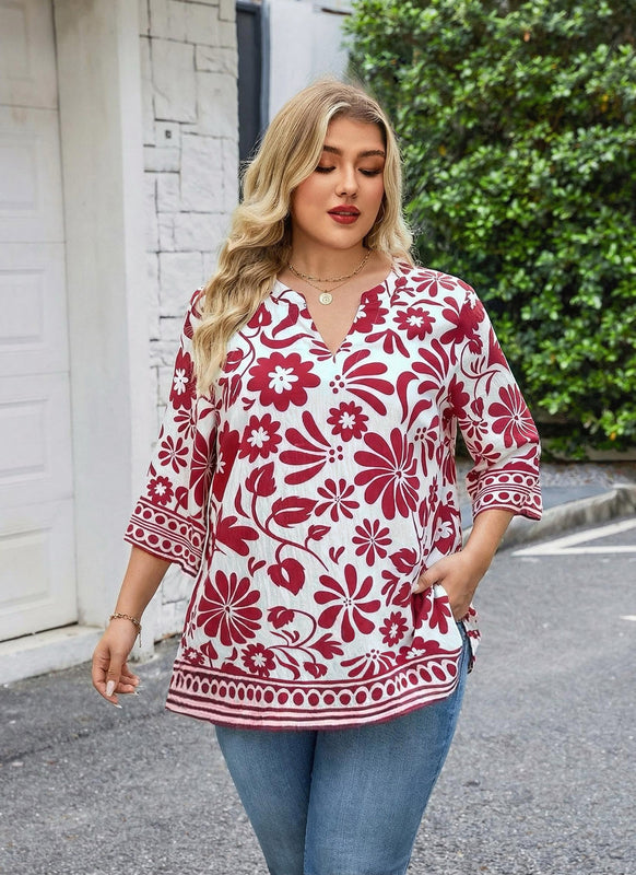 Women's Plus Size Red Floral Vine Print Tunic Top | 3/4 Sleeve Boho Blouse