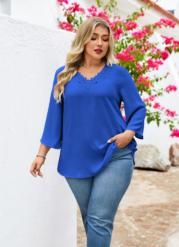 Women's Plus Size Royal Blue Floral Trim V-Neck Blouse | 3/4 Sleeve Tunic Top