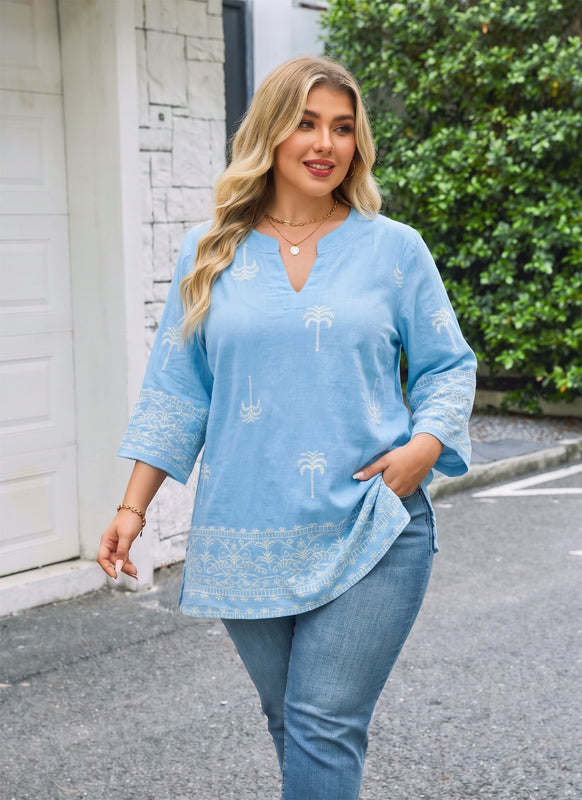 Women's Plus Size Light Blue Embroidered Tropical Tunic Top | 3/4 Sleeve