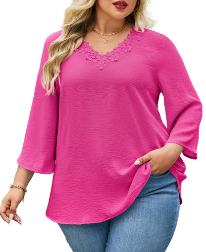 Women's Plus Size Hot Pink Floral Trim V-Neck Blouse | 3/4 Sleeve Tunic Top