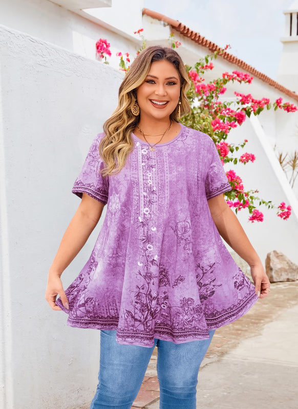 Women's Plus Size Lavender Floral Tunic Top – Short Sleeve Swing Blouse