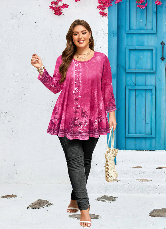 Women's Plus Size Hot Pink Floral Tunic Top – 3/4 Sleeve Swing Flare Blouse
