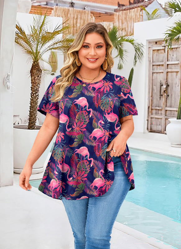 Women's Hot Pink Flamingo Print Plus Size Swing Tunic Top – Short Sleeve Flowy Blouse