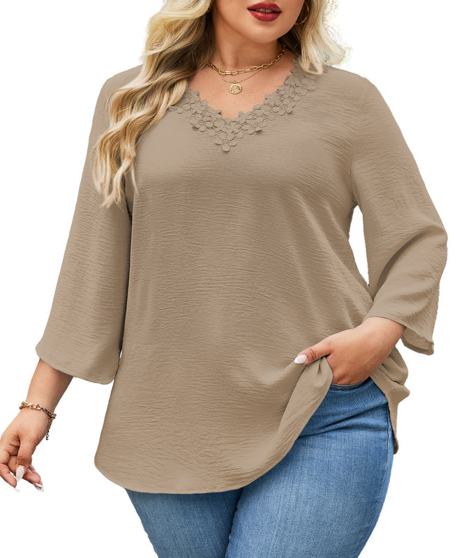 Women's Plus Size Khaki Floral Trim V-Neck Blouse | 3/4 Sleeve Tunic Top