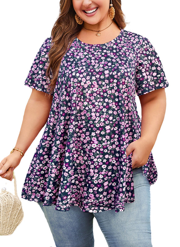 Women's Plus Size Navy Blue & Purple Tunic Top – Short Sleeve Swing Blouse