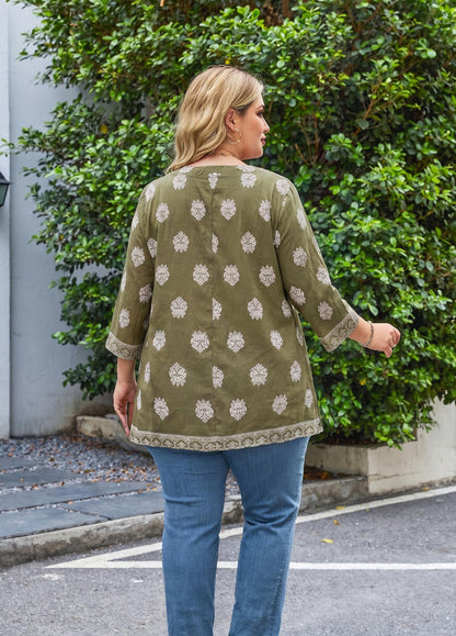 Women's Plus Size Olive Green Boho Block Print Tunic Top | 3/4 Sleeve