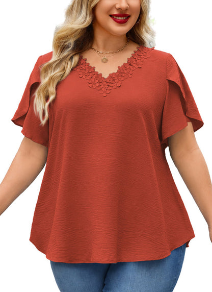 Women's Burnt Orange V-Neck Blouse – Floral Lace Trim, Plus Size