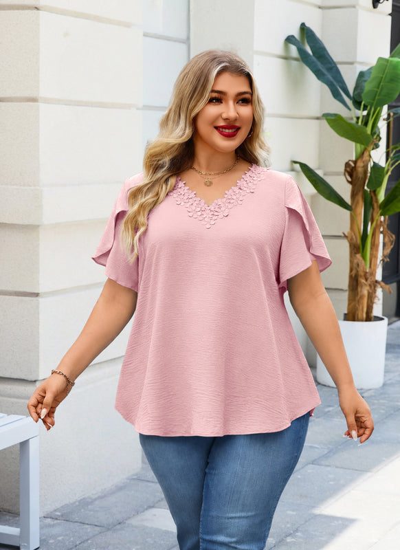 Women's Plus Size Pink Floral Trim V-Neck Blouse | Flutter Sleeve Tunic Top