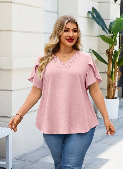 Women's Plus Size Pink Floral Trim V-Neck Blouse | Flutter Sleeve Tunic Top