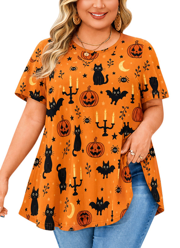 Women's Halloween Orange Swing Tunic Top – Short Sleeve, Plus Size