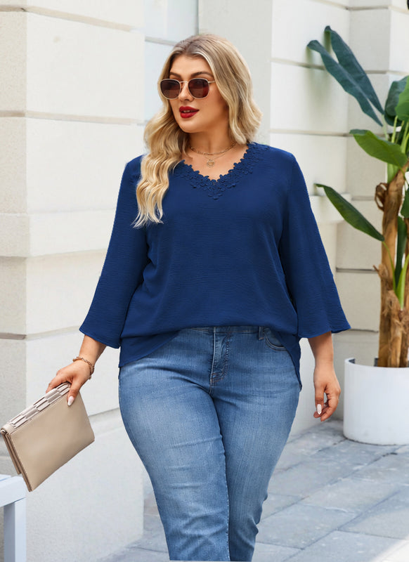 Women's Plus Size Navy Blue Floral Trim V-Neck Blouse | 3/4 Sleeve Tunic Top