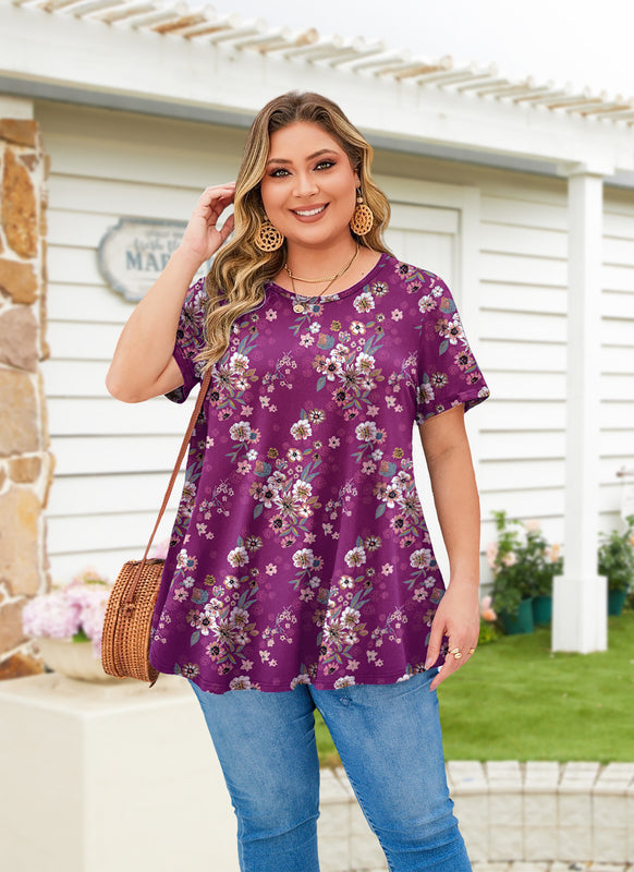 Women's Magenta Floral Swing Tunic Top – Short Sleeve, Plus Size