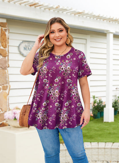 Women's Magenta Floral Swing Tunic Top – Short Sleeve, Plus Size