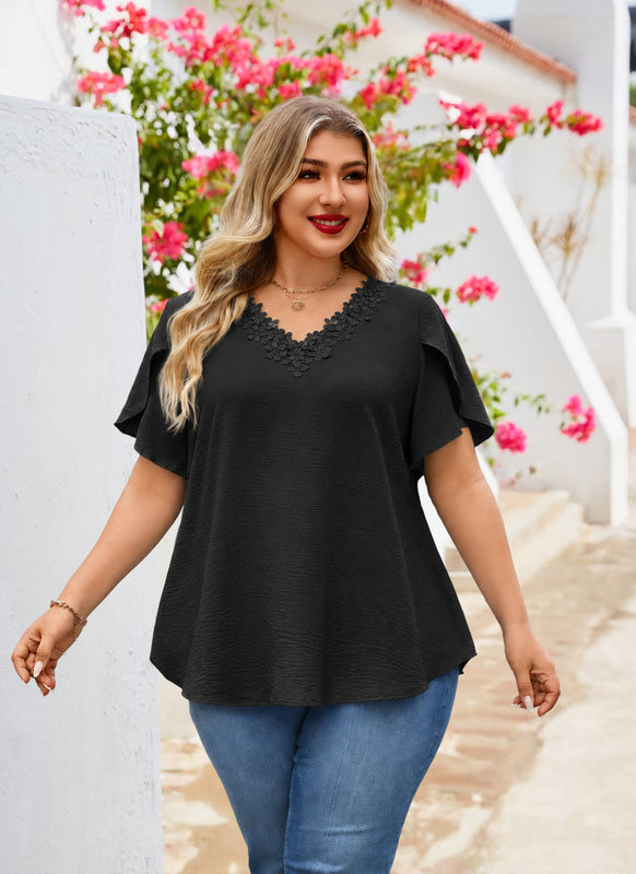 Women's Plus Size Black Floral Trim V-Neck Blouse | Flutter Sleeve Tunic Top