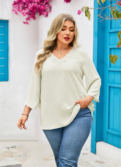 Women's Plus Size Floral Trim Tunic Top | V-Neck 3/4 Sleeve Blouse