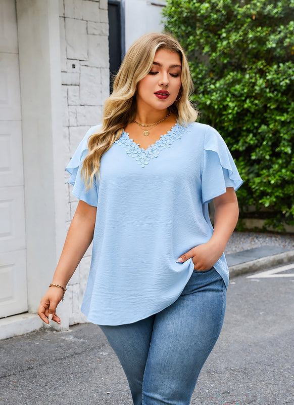 Women's Plus Size Light Blue Floral Trim V-Neck Blouse | Flutter Sleeve Tunic Top