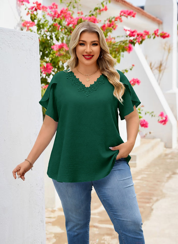 Plus Size Top V Neck Short Sleeve Blouses for Curvy Women Loose Fit Dressy Floral Trim Ladies Tunic