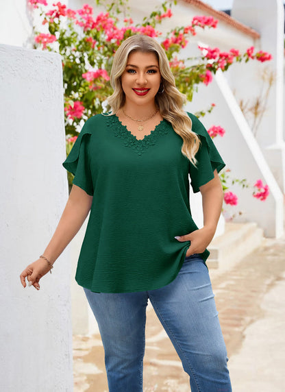 Plus Size Top V Neck Short Sleeve Blouses for Curvy Women Loose Fit Dressy Floral Trim Ladies Tunic