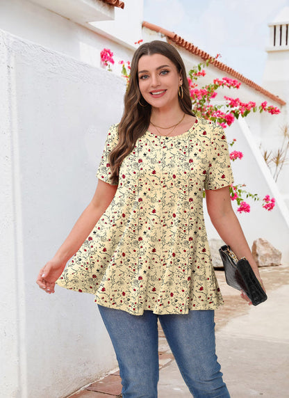 Women's Yellow Floral Swing Tunic Top – Short Sleeve, Plus Size