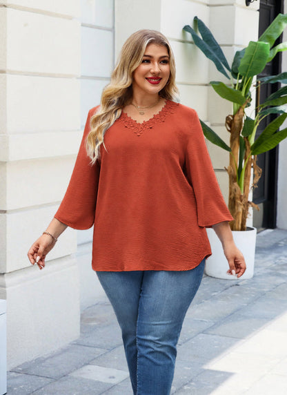 Women's Plus Size Burnt Orange Floral Trim V-Neck Blouse | 3/4 Sleeve Tunic Top