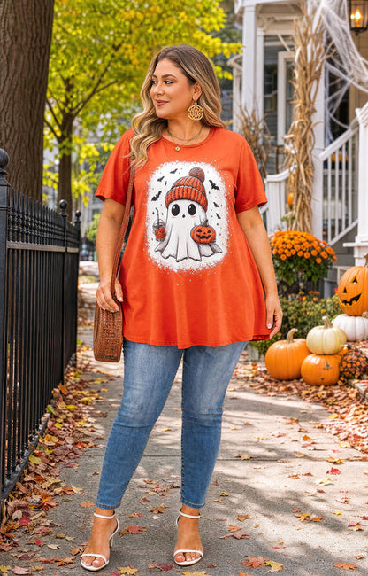 Women's Halloween Orange Tunic Top – Festive Print, Plus Size