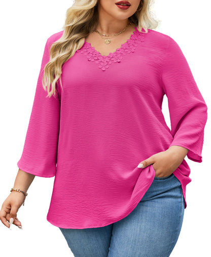 Women's Plus Size Hot Pink Floral Trim V-Neck Blouse | 3/4 Sleeve Tunic Top