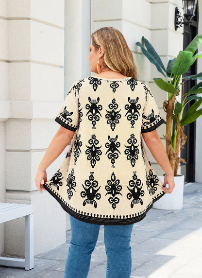 Women's Plus Size Beige Paisley Floral Tunic Top – Short Sleeve Boho Swing Blouse