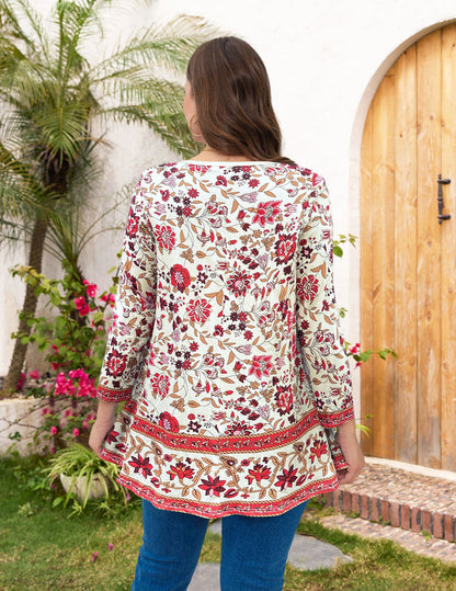Women's Plus Size Red Boho Floral Tunic Top – 3/4 Sleeve Ruffle Hem Blouse