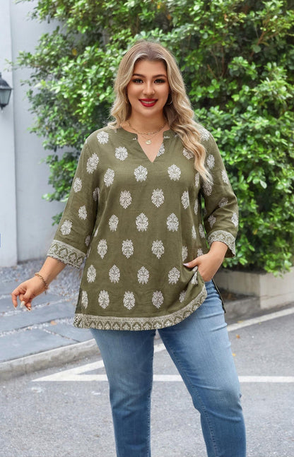 Women's Plus Size Olive Green Boho Block Print Tunic Top | 3/4 Sleeve