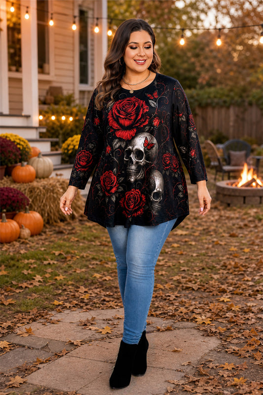 Women's Red & Black Plus Size Swing Tunic Top – 3/4 Sleeve Flowy Blouse