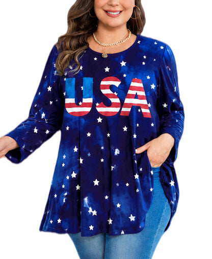 Women's Navy Blue & Red Plus Size Tunic Top – 3/4 Sleeve Swing Flowy Blouse