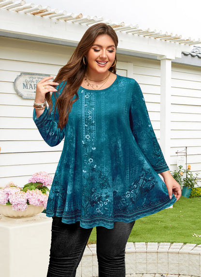 Women's Plus Size Teal Floral Tunic Top – 3/4 Sleeve Swing Flare Blouse