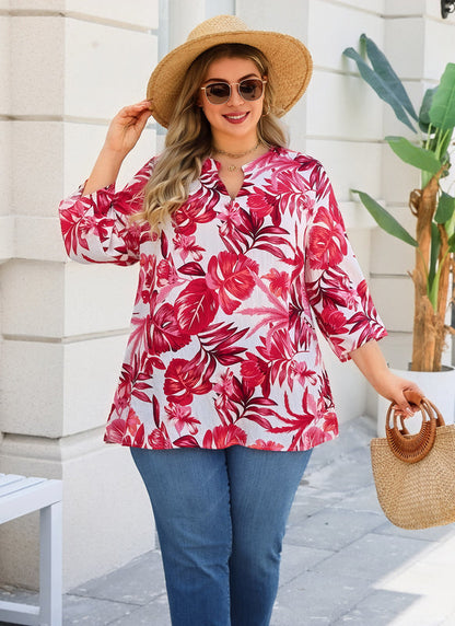 Women's Plus Size Pink Tropical Floral Tunic Top | 3/4 Flutter Sleeve