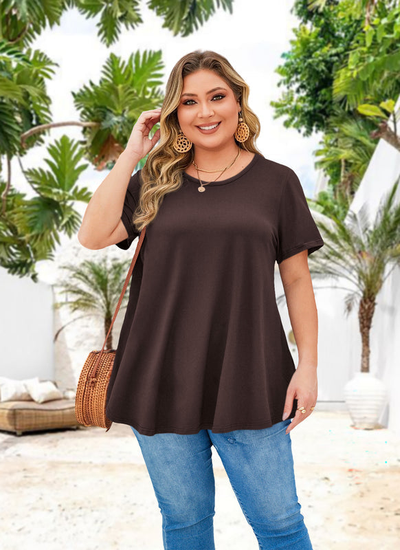 Dark Brown Short Sleeve Swing Tunic Top – Women's Plus Size Crew Neck Flowy Blouse to Wear with Leggings (S–7XL)