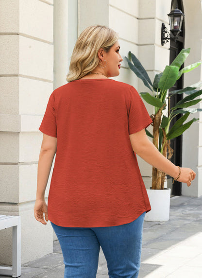 Women's Burnt Orange V-Neck Blouse – Floral Lace Trim, Plus Size