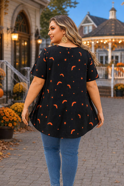 Women's Halloween Black & Orange Tunic Top – Graphic Print, Plus Size