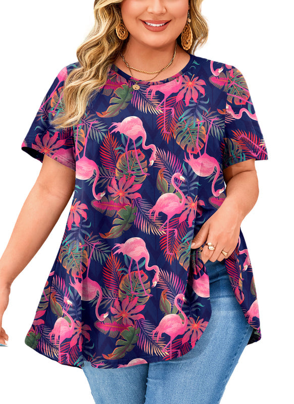 Women's Hot Pink Flamingo Print Plus Size Swing Tunic Top – Short Sleeve Flowy Blouse