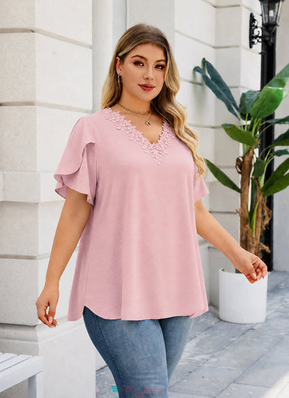 Women's Plus Size Pink Floral Trim V-Neck Blouse | Flutter Sleeve Tunic Top