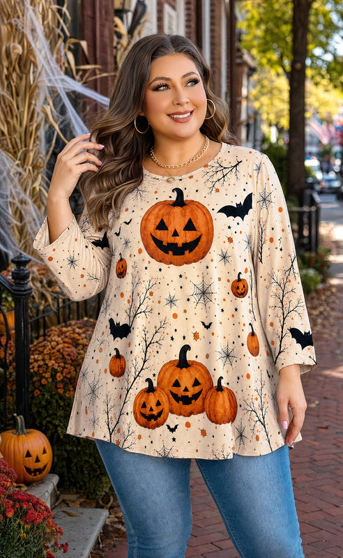 Women's Halloween Pumpkin Tunic Top – 3/4 Sleeve, Plus Size